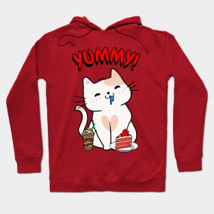 Cute white cat is having coffee and cake Hoodie